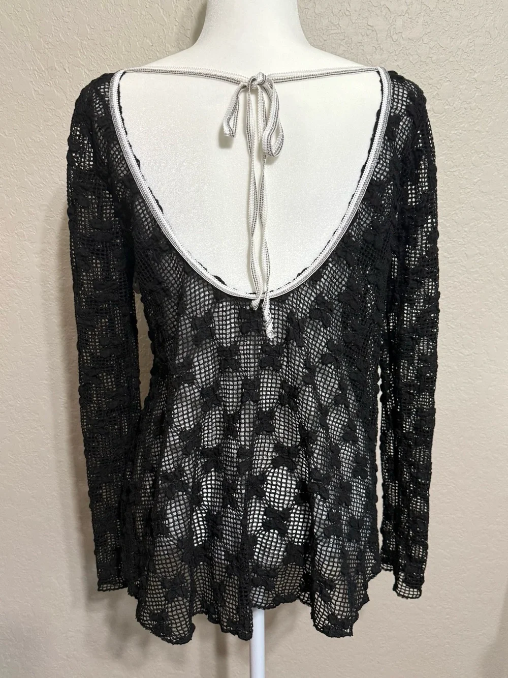Free People Grady Black Crochet Open Back Long Sleeve Top ($98) - Oversized XS